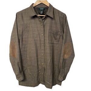 Vtg Lauren RL Plaid Wool Cashmere Tartan Houndstooth Shacket Elbow Patch L EUC